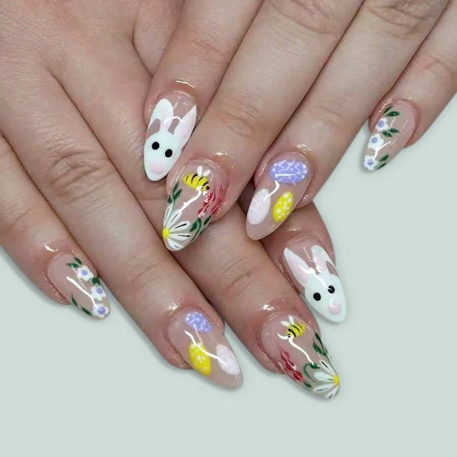 Springtime Delight Long Almond Colorful Floral Bunny Design Press-On Nail Set