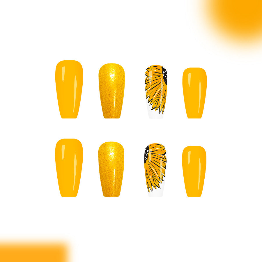 Sunny Vibes Elegant Long Coffin Bright Yellow Press-On Nail Set with Glittering Accent and Artistic Floral Design