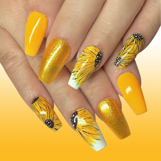 Sunshine Bliss Long Coffin Bright Yellow with Sunflower Art Press on Nail Set