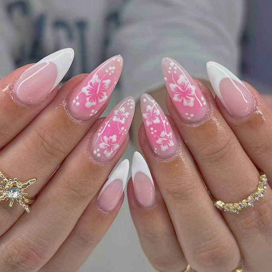 Tropical Bliss Elegant Long Almond Shaped Pink and White Press On Nail Set with Floral Design