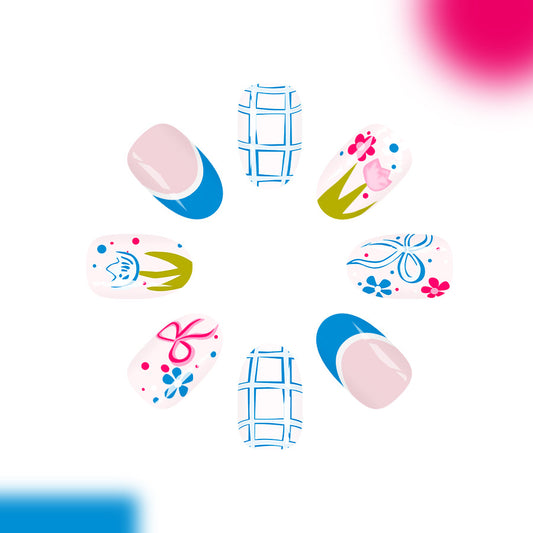 Blossom Breeze Vibrant Short Rounded Blue and Pink Floral Print Press On Nail Set