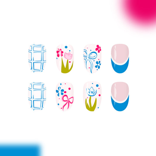 Springtime Floral Elegance Short Oval Pink and Blue with Charming Flower Designs Press On Nail Set