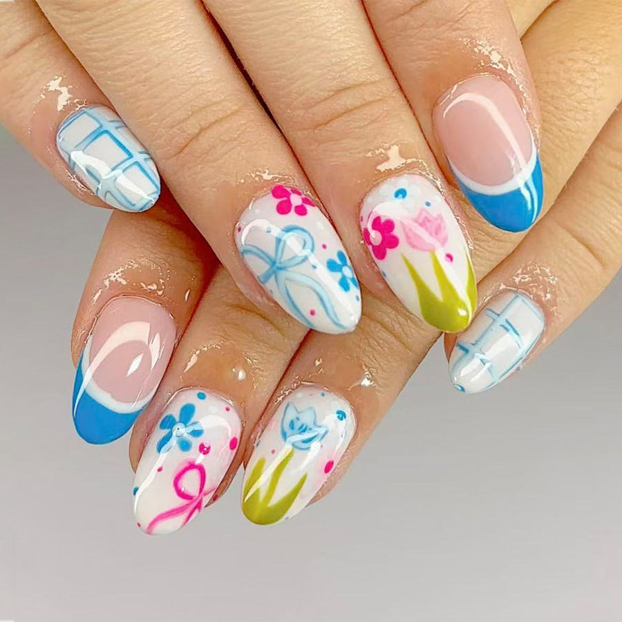 Springtime Elegance Medium Almond Shaped Blue Floral Press On Nail Set