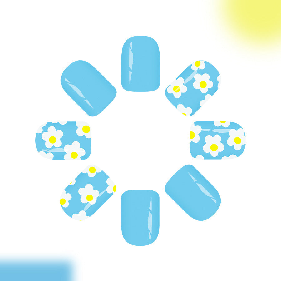 Sunny Daydreams Press-On Nail Set Short Square Sky Blue with Playful Floral Design