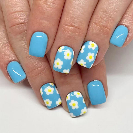Whimsical Blooms Short Square Blue Press On Nail Set with Charming Floral Accents