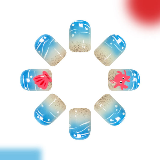 Ocean Bliss Short Square Blue Ombre with Cute Sea Creature Design Press on Nail Set