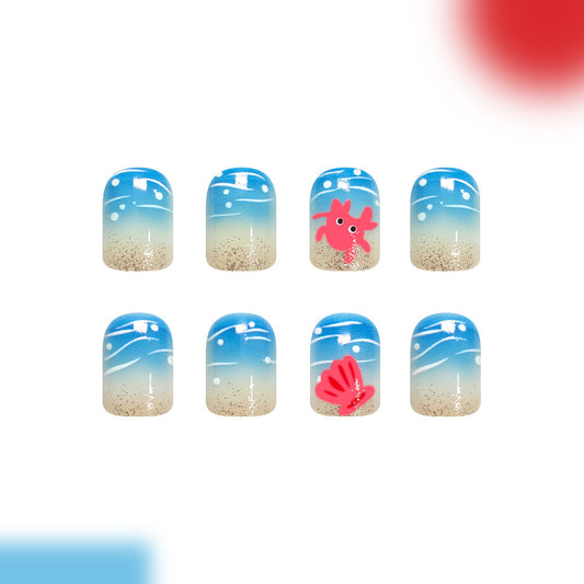 Ocean Breeze Dreamy Short Square Sky Blue Gradient Nails with Fun Sea Creature Design