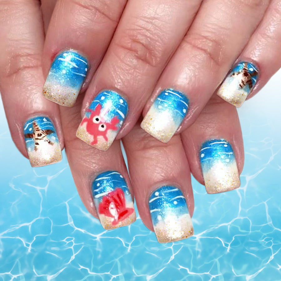 Underwater Adventure Medium Square Blue Ombre Press On Nail Set with Sparkling Ocean Characters