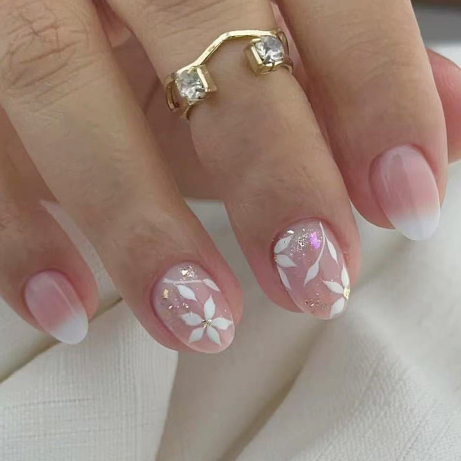 Blossom Garden Elegant Short Almond Shaped Beige and White Floral Press On Nail Set with Glitter Accents