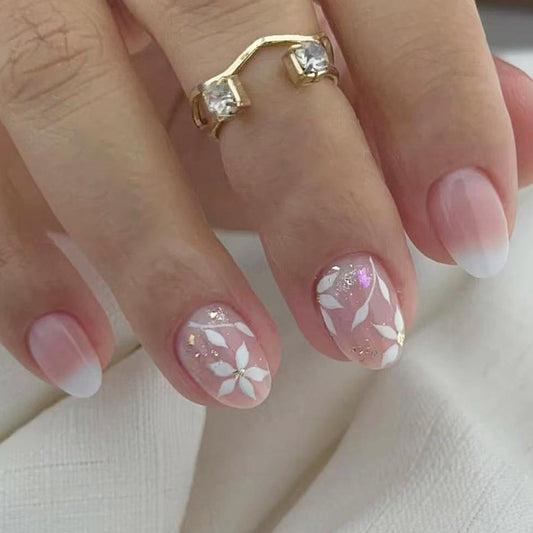 Blossom Garden Elegant Short Almond Shaped Beige and White Floral Press On Nail Set with Glitter Accents