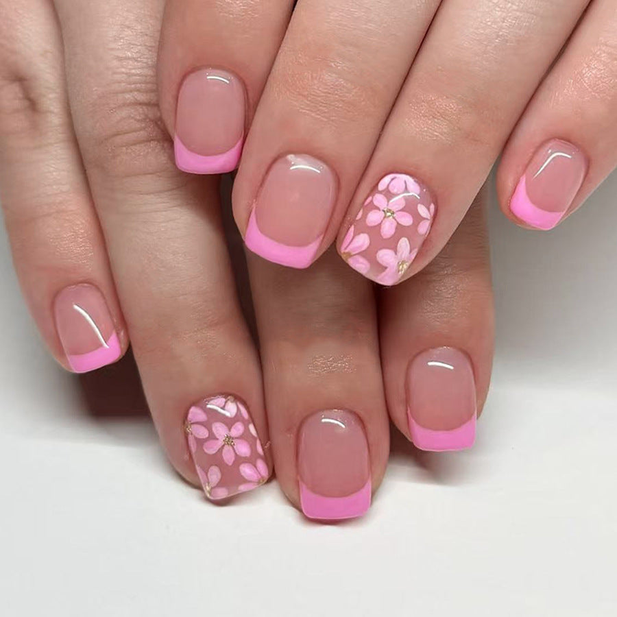 Blossom Delight Short Square Pink Floral Accent Press-On Nail Set