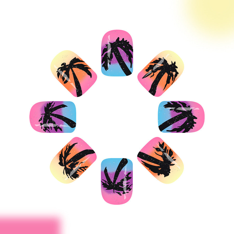 Tropical Sunset Short Square Press on Nails in Shades of Pink and Blue with Palm Tree Silhouette Design