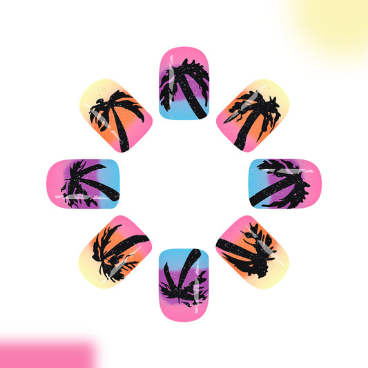 Tropical Sunset Short Square Press on Nails in Shades of Pink and Blue with Palm Tree Silhouette Design