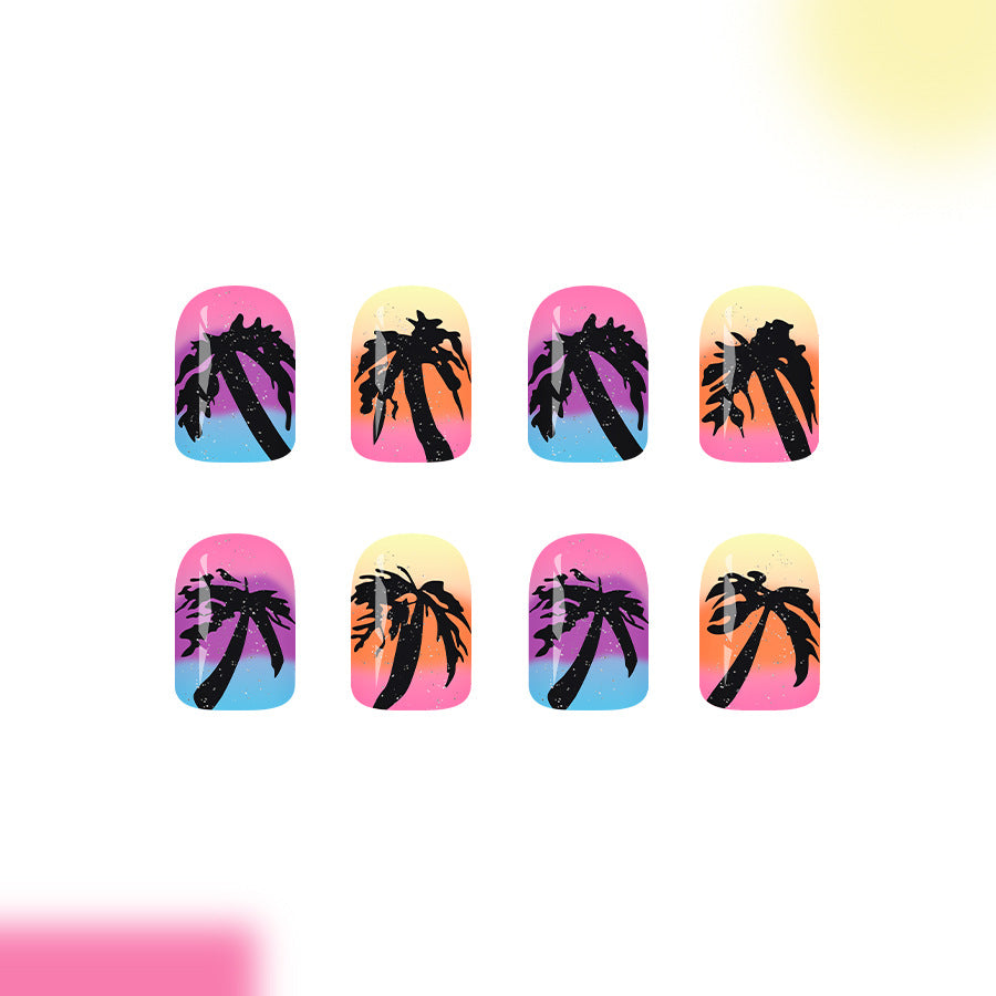 Tropical Sunset Short Square Palm Tree Press On Nail Set with Gradient Color Blend