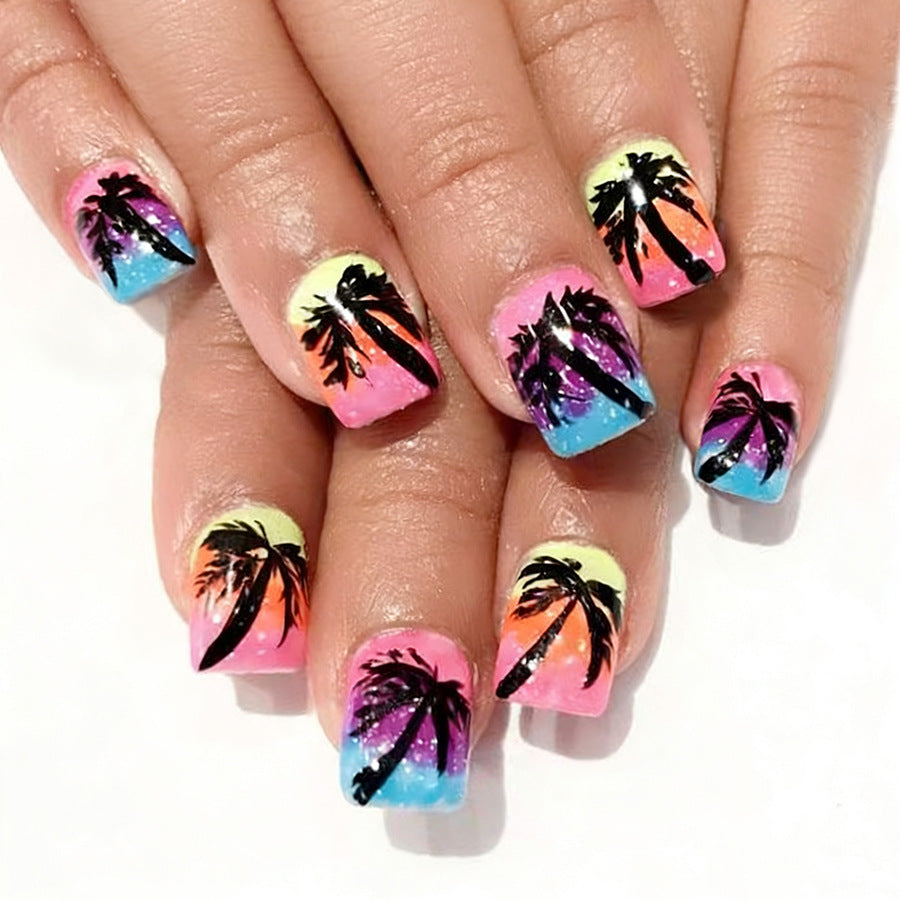 Tropical Sunset Medium Square Pastel Press On Nail Set with Vibrant Palm Tree Designs
