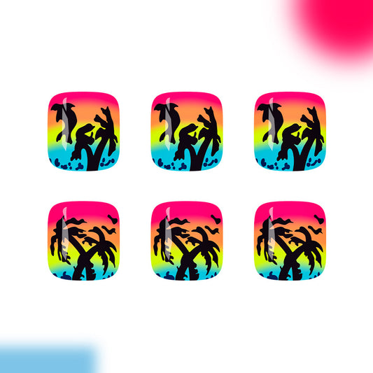 Tropical Paradise Short Square Press On Toenail Set in Gradient Pink Blue with Bold Palm Tree Design