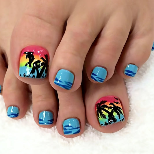 Tropical Paradise Short Square Press On Toenail Set Sky Blue with Sunset Palm Tree Art