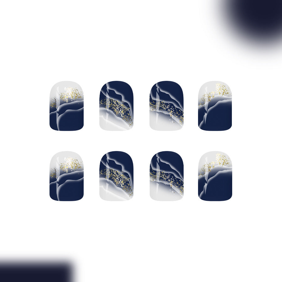 Midnight Elegance Short Square Deep Blue with Glittering Gold Accents Press On Nail Set