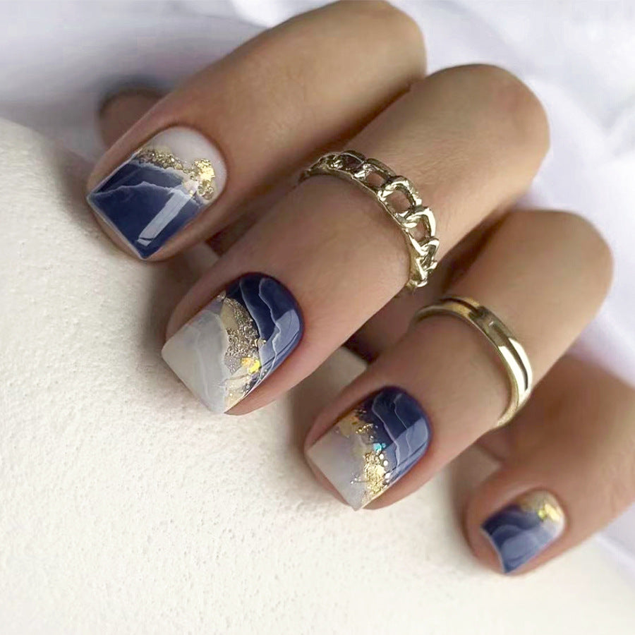 Ocean Wave Short Square Navy Blue with Gold Accents Press On Nail Set