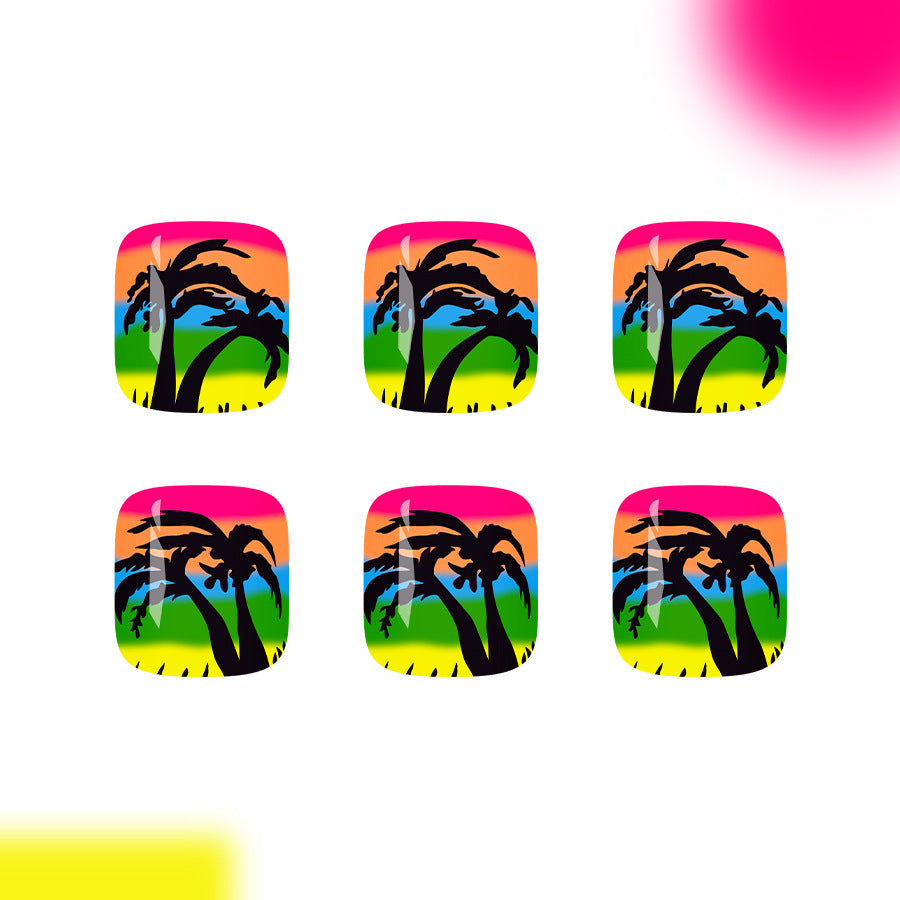 Tropical Sunset Short Square Colorful Palm Tree Design Press On Toenail Set
