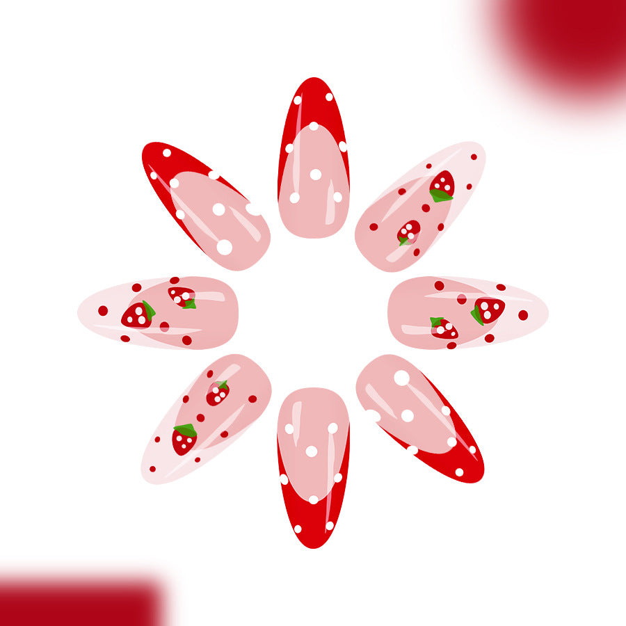 Sweet Strawberry Delight Long Almond Press On Nail Set with Charming Polka Dots and Hand Painted Designs
