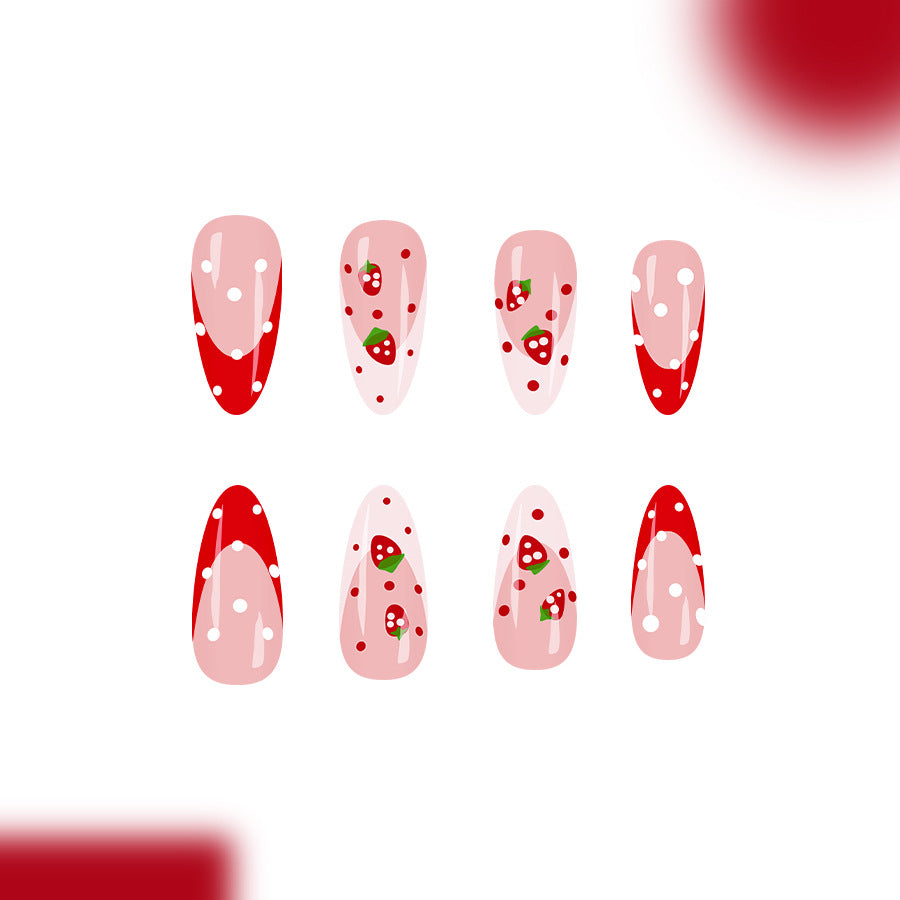 Sweet Strawberry Blossom Medium Almond Pink with Whimsical Dots and Fruit Accents Press-On Nail Set