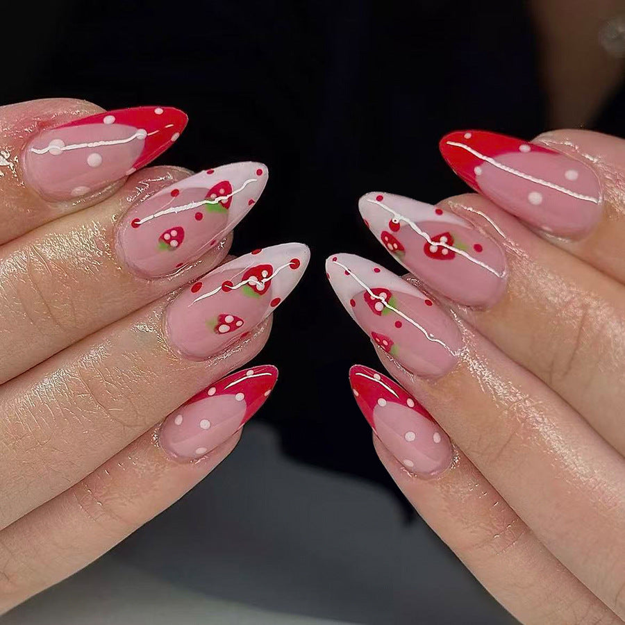 Festive Cherry Blossom Medium Almond Pink and Red with Dotted Design Press on Nail Set