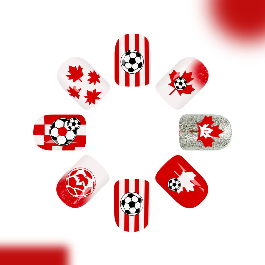Soccer Spirit Short Square Red with Maple Leaf Designs Press-On Nail Set