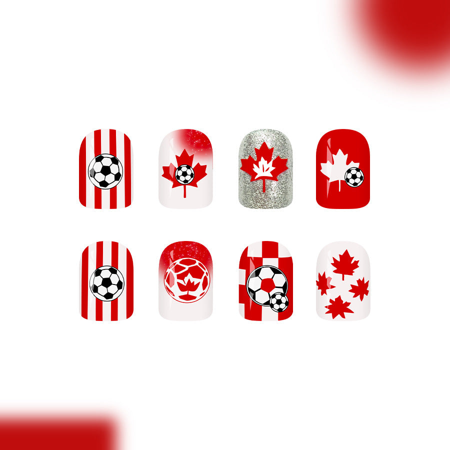 Soccer Celebration Short Square Red with Fun Maple Leaf Designs Nail Set