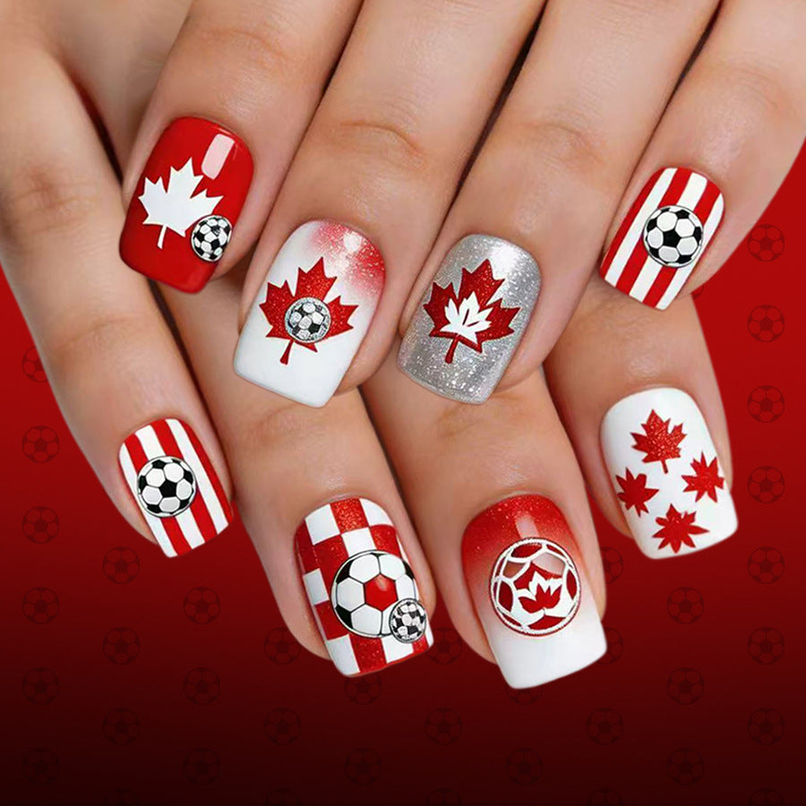 Soccer Celebration Short Square Red with Maple Leaf Designs Press On Nail Set