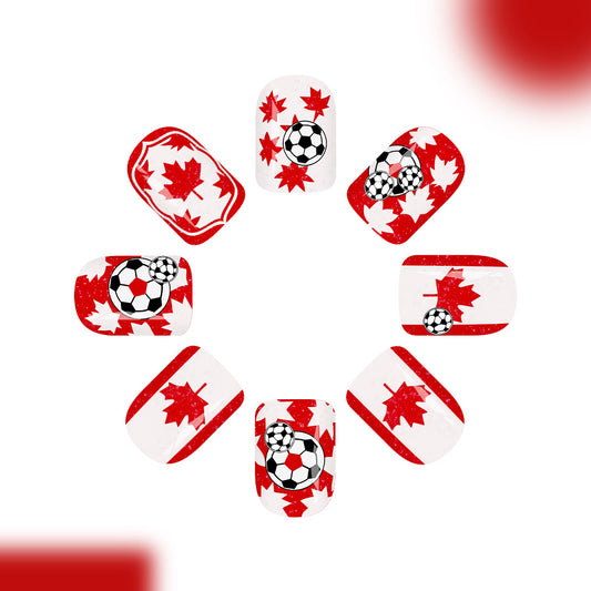 Soccer Spirit Short Square Red with Maple Leaf and Ball Design Press-On Nail Set