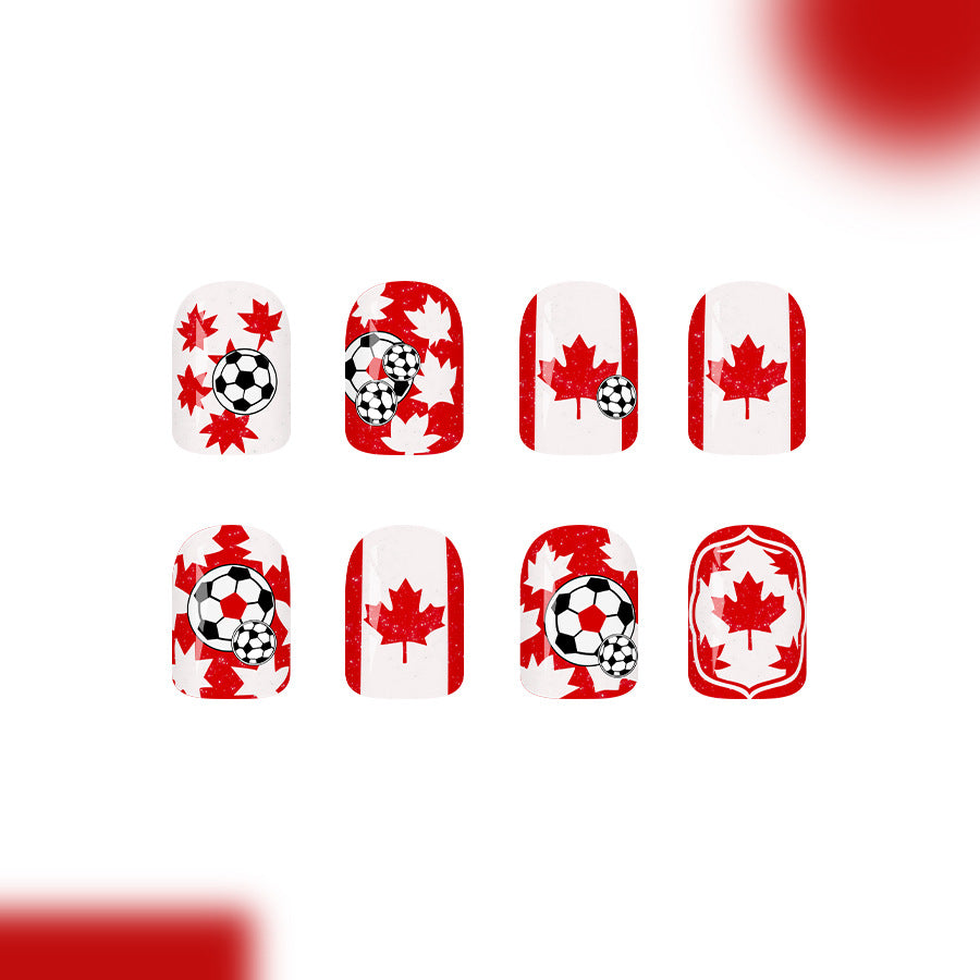 Maple Leaf Delight Short Round Red with Soccer Motif Press-On Nail Set