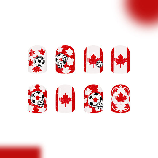 Maple Leaf Delight Short Round Red with Soccer Motif Press-On Nail Set