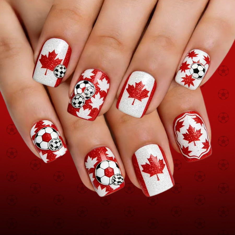 Soccer Celebration Short Square Red and White Maple Leaf Design Press On Nail Set