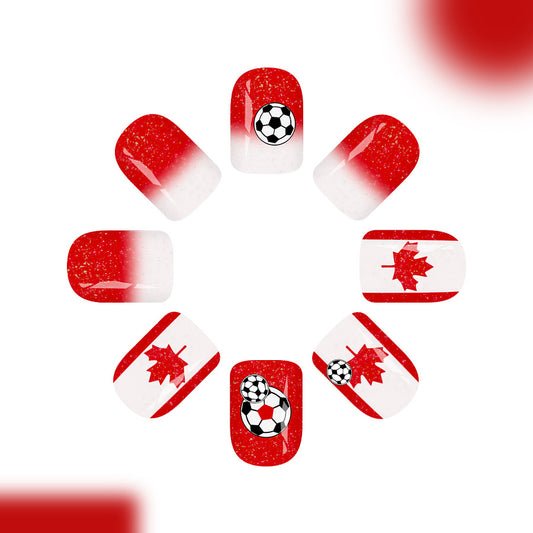 Soccer Spirit Short Square Red Gradient with Maple Leaf Design Press On Nail Set