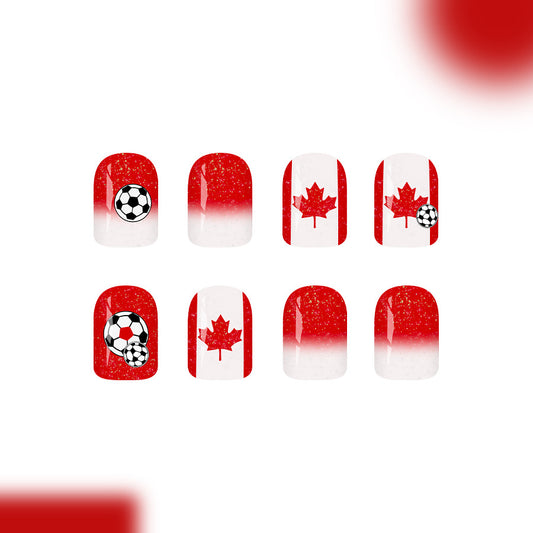 Soccer Inspired Short Square Red Ombre Nail Set with Unique Canada Design