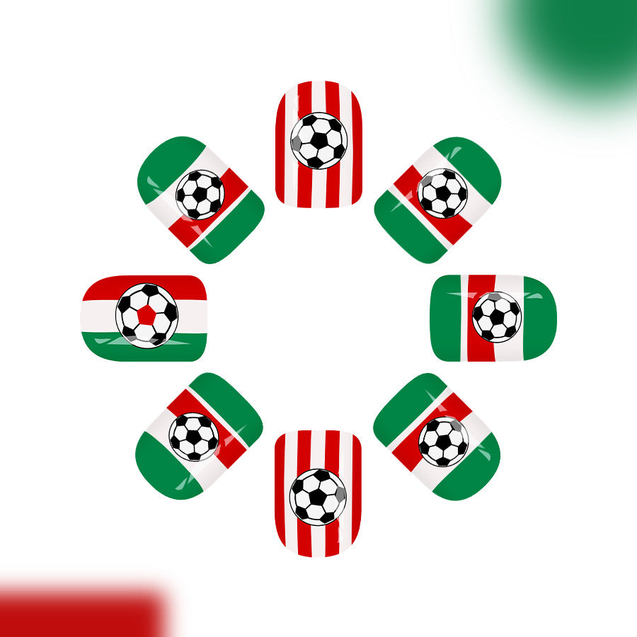 Soccer Spirit Short Square Green and Red Patterned Nail Set
