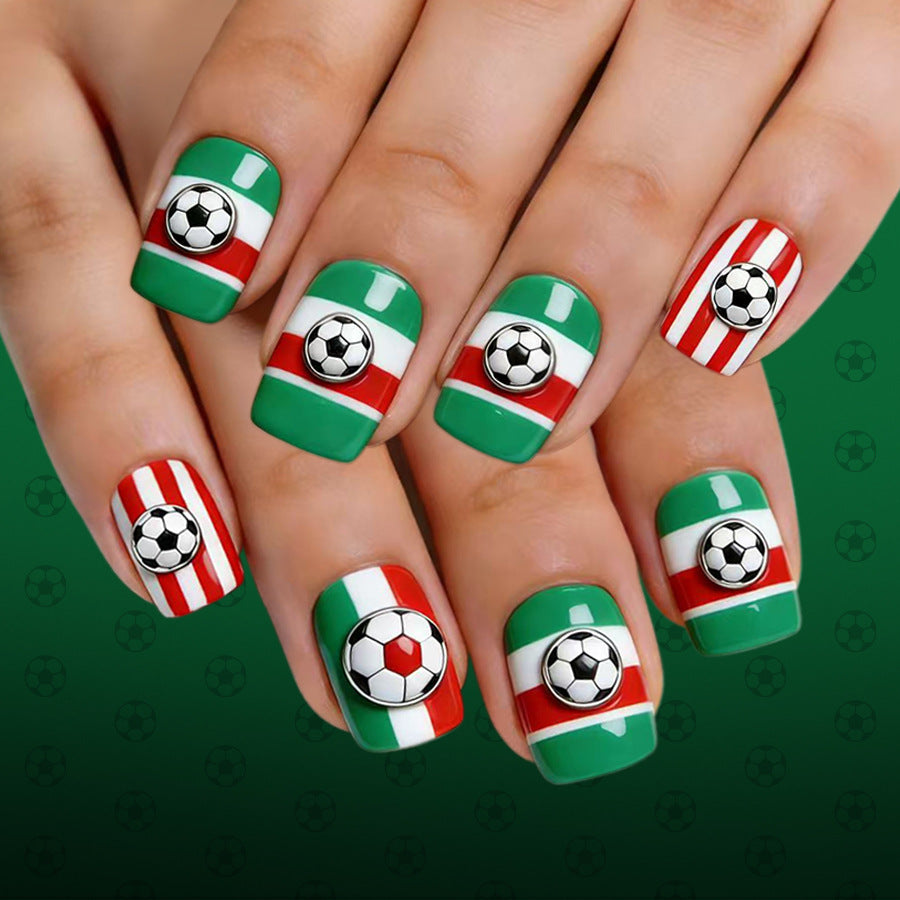 Goal Game Chic Short Square Green and Red Flag Design with Soccer Ball Accent Press On Nail Set