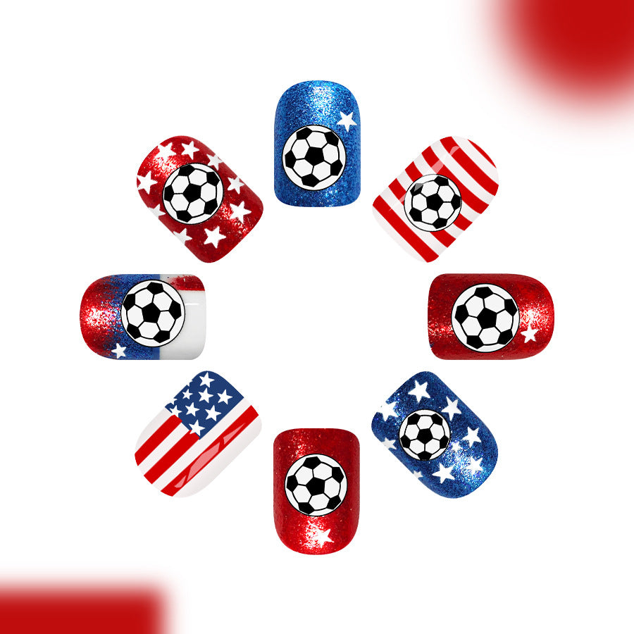 Soccer Spirit Short Square Red and Blue Glittery Design with Star Accents Press On Nail Set