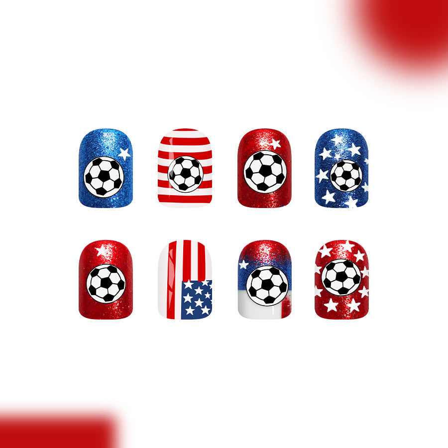 Soccer Spirit Short Square Red White and Blue Glittery Press On Nail Set
