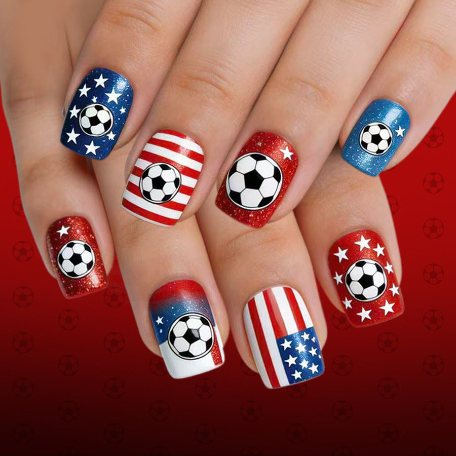 Soccer Spirit Long Square Red and Blue Nail Set with Striking Star and Soccer Ball Design