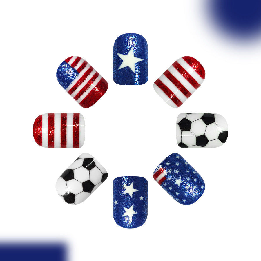 Patriotic Sports Inspired Short Square Red and Blue Glitter Press On Nail Set