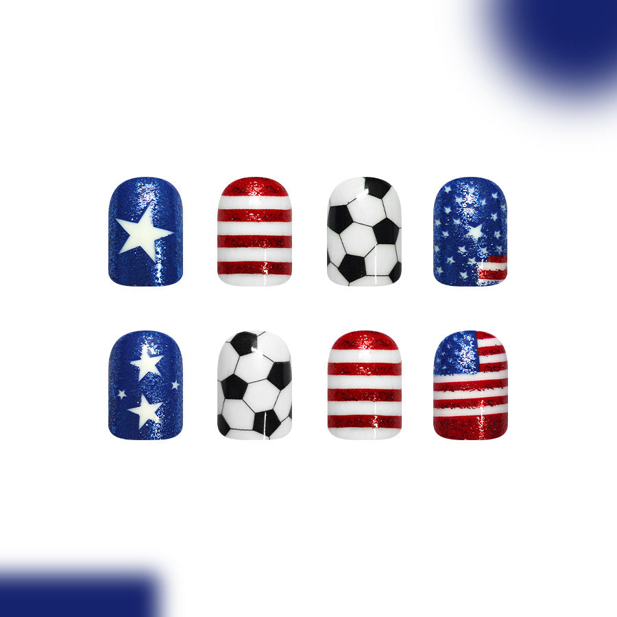 Patriotic Glamour Short Square Blue and Red Soccer Theme Press On Nail Set