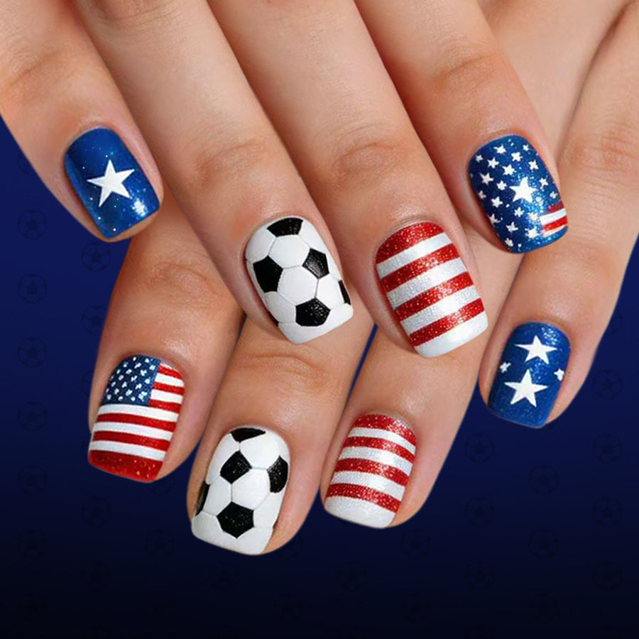 Sporty Celebration Short Square Red White and Blue Nail Press Set with Fun Soccer Design