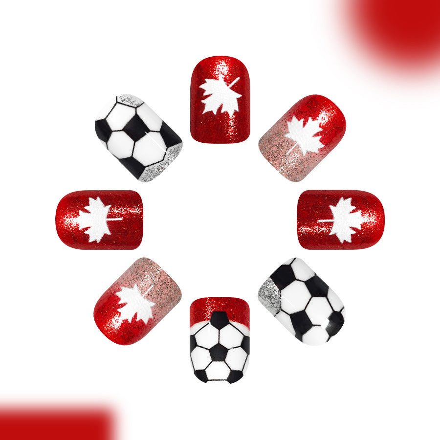 Soccer Celebration Short Square Red with Glittering Maple Leaf Design Press On Nail Set