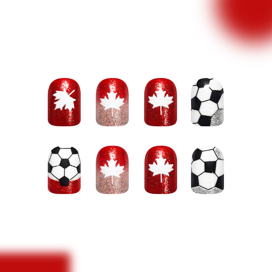 Festive Sports Red Short Square Glitter Nail Set with Unique Leaf and Soccer Ball Design