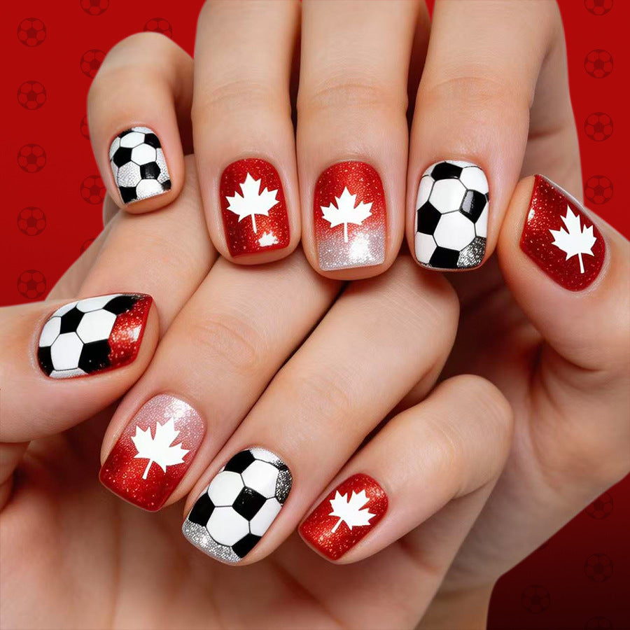Soccer Spirit Short Square Red with Sparkling Maple Leaf Design Press-On Nail Set