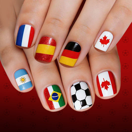 World Cup Inspired Short Square Colorful Flag Design Press On Nail Set