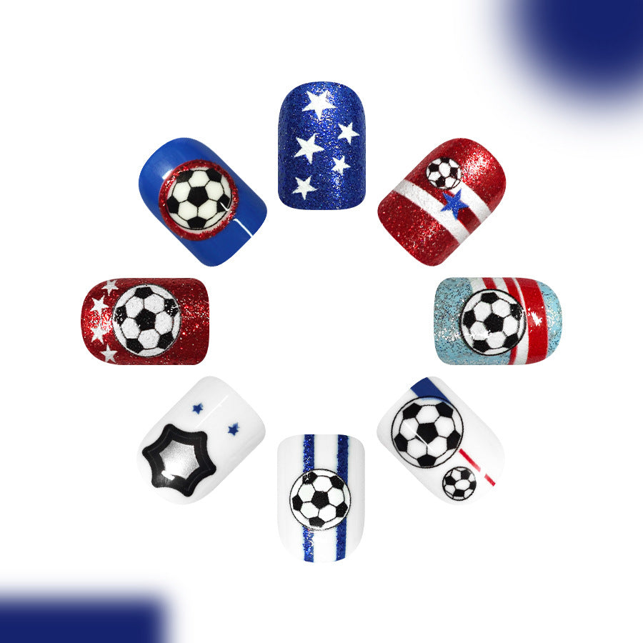 Soccer Celebration Short Square Red and Blue Sparkle Press On Nail Set