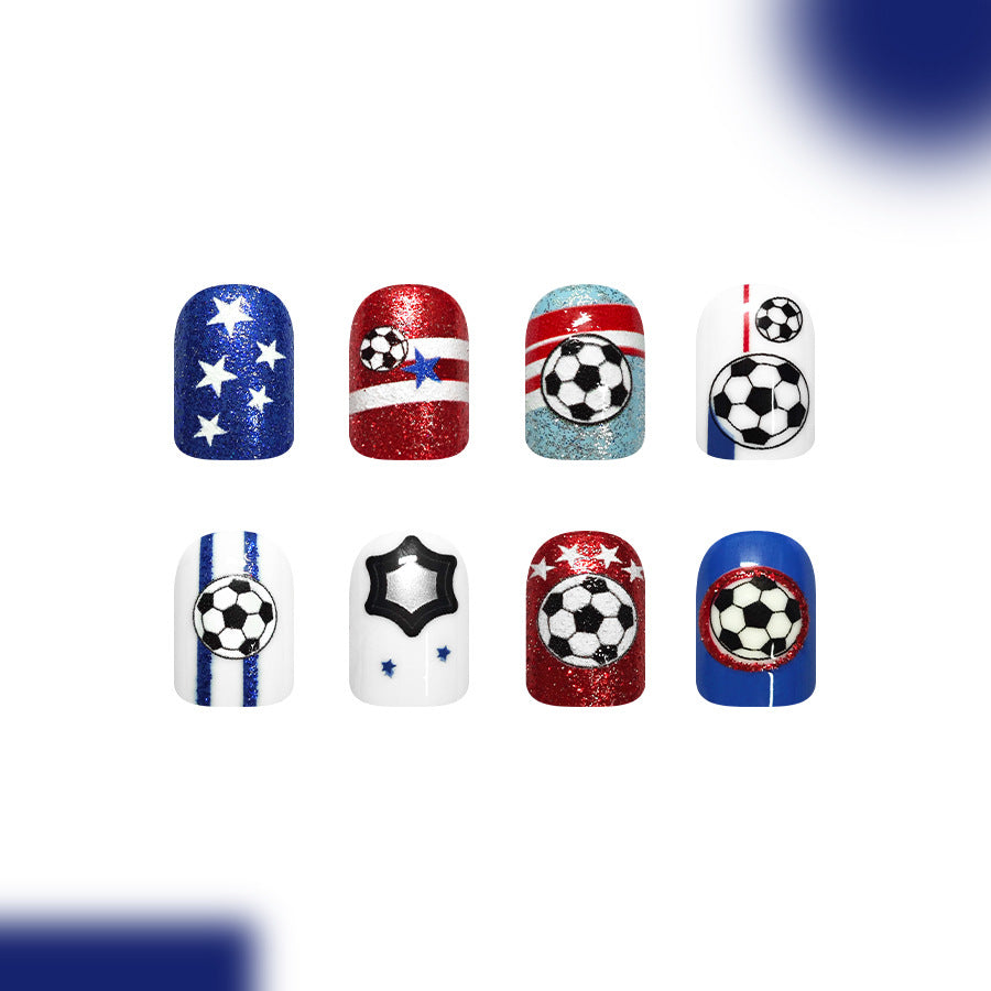 Soccer Celebration Short Square Red and Blue Glitter Press On Nail Set with Unique Soccer Ball Designs